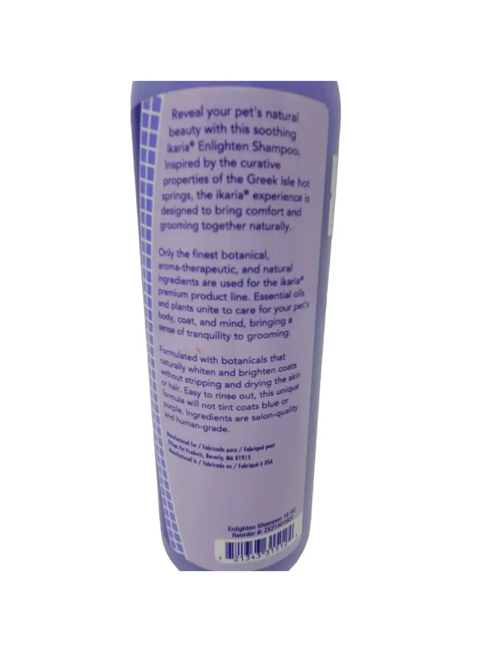 Ikaria Pet Dog Cat Shampoo 16oz Enlighten Lavender Rosemary Human Salon Grade